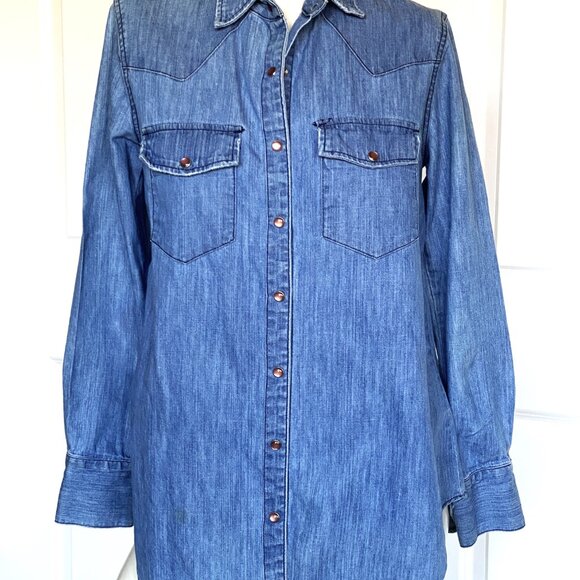 CURRENT ELLIOT DISTRESSED BLUE WESTERN COTTON SHIRT SIZE: 0 - Picture 1 of 10